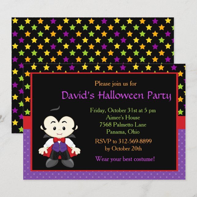 Cute Vampire Boy Halloween Costume Party Invitation (Front/Back)
