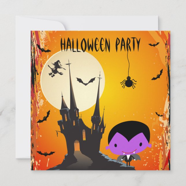 Cute Vampire & Castle Halloween Party Invites (Front)