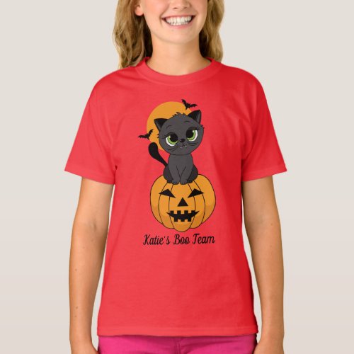 Cute Vampire Cat and Pumpkin Kids Halloween T_Shirt
