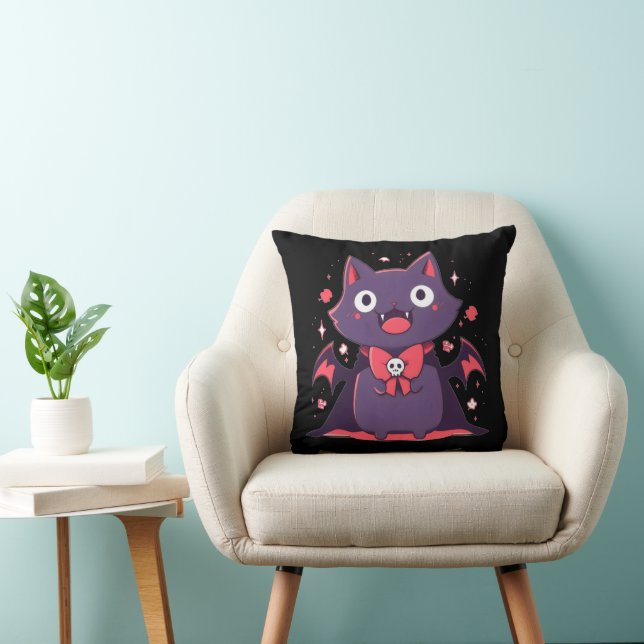 Cute Vampire Cat Throw Pillow (Chair)