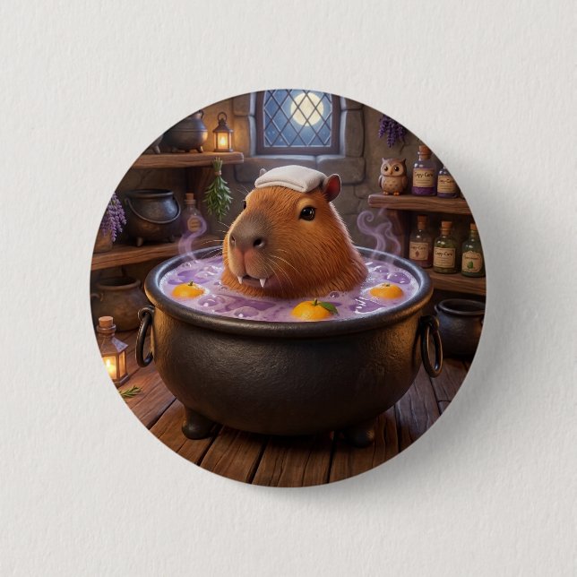 Cute Vampire Cauldron Bath Capybara Button Pin (Front)