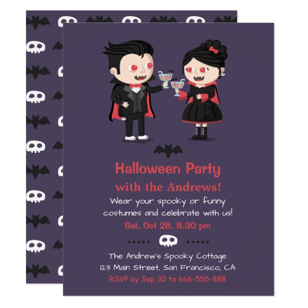 Cute Vampire Couple Halloween Party Invitations