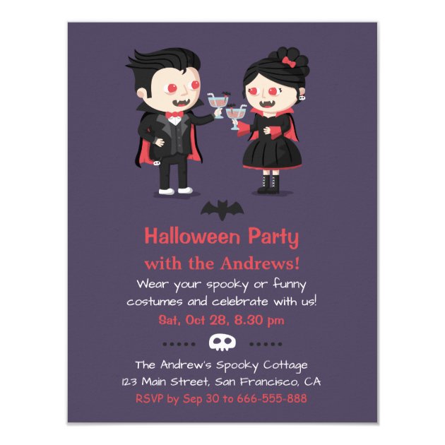 Cute Vampire Couple Halloween Party Invitations