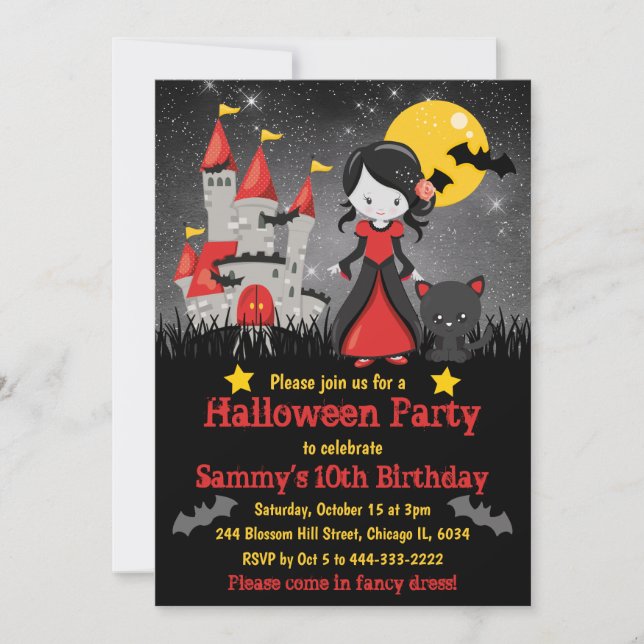 Cute Vampire Girl and Castle Halloween Birthday Invitation (Front)