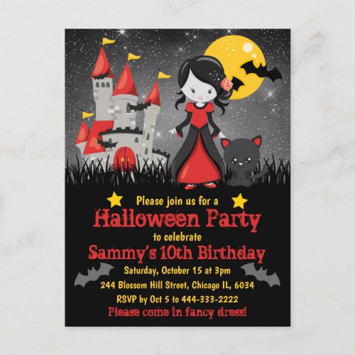 Cute Vampire Girl and Castle Halloween Birthday Postcard