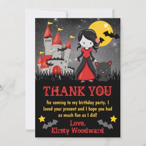 Cute Vampire Girl and Castle Halloween Birthday Thank You Card