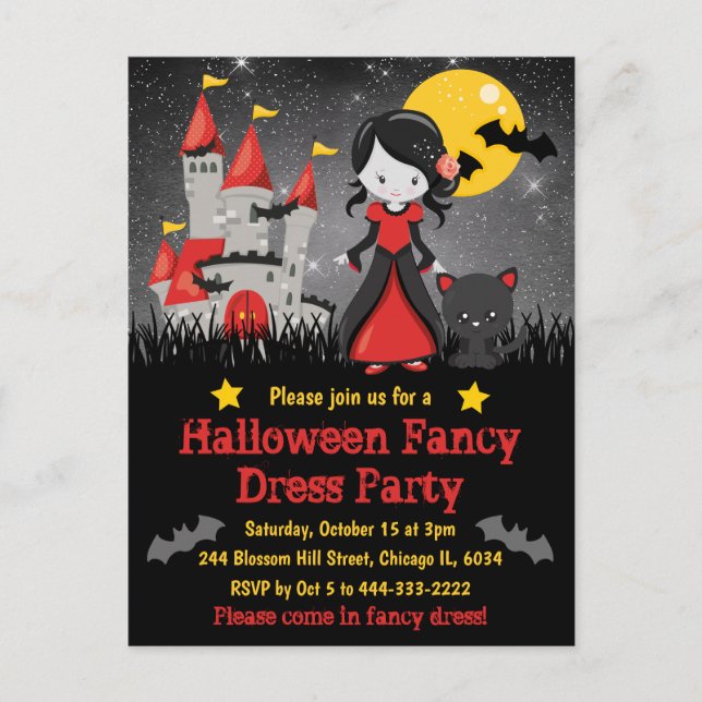 Cute Vampire Girl and Castle Halloween Invitation Postcard (Front)