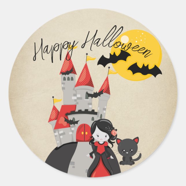 Cute Vampire Girl and Haunted Castle Halloween Classic Round Sticker (Front)