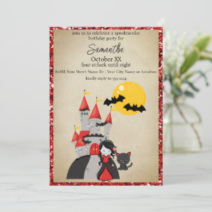 Cute Vampire Girl and Haunted Castle Halloween Invitation