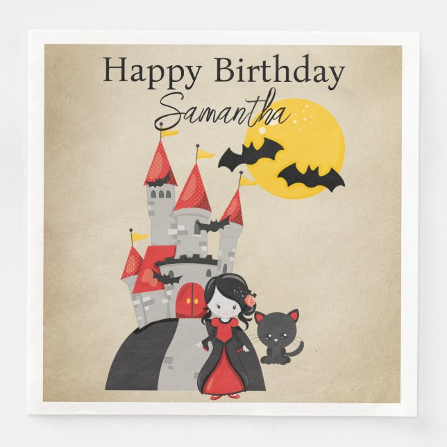 Cute Vampire Girl and Haunted Castle Halloween Paper Dinner Napkins (Front)