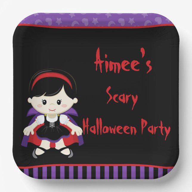 Cute Vampire Girl Halloween Party Paper Plates (Front)