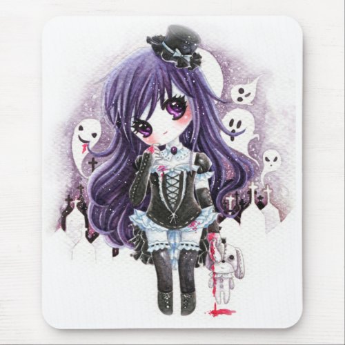 Cute vampire girl with ghosts and bloody bunny mouse pad