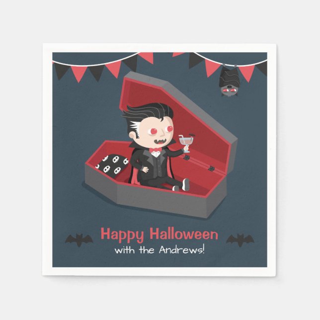 Cute Vampire in Coffin Halloween Party Supplies Paper Napkins (Front)