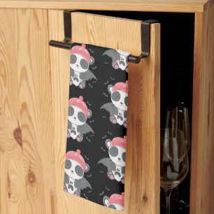 Cute Vampire Panda Bats Ghost Black Halloween Kitchen Towel