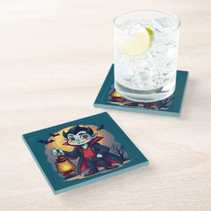Cute Vampire with Lantern Kawaii Halloween Glass Coaster