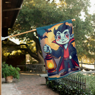 Cute Vampire with Lantern Kawaii Halloween House Flag