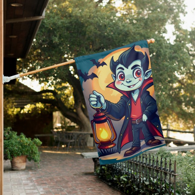 Cute Vampire with Lantern Kawaii Halloween House Flag (In SItu)