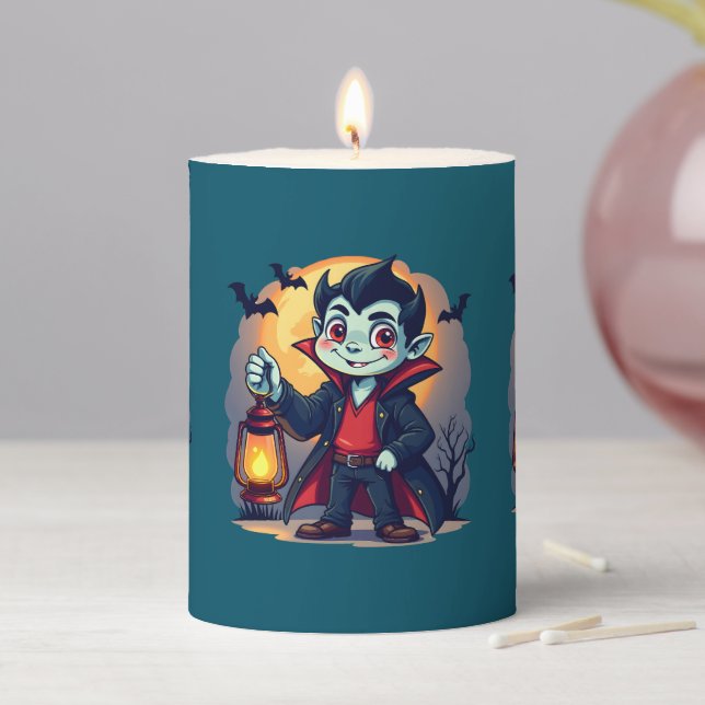 Cute Vampire with Lantern Kawaii Halloween Pillar Candle (In Situ)