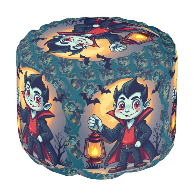 Cute Vampire with Lantern Kawaii Halloween Pouf (Angled Front)