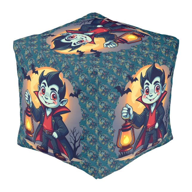 Cute Vampire with Lantern Kawaii Halloween Pouf (Angled Back)