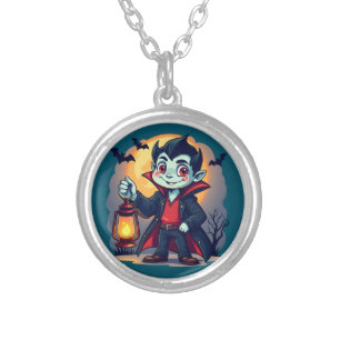 Cute Vampire with Lantern Kawaii Halloween Silver Plated Necklace