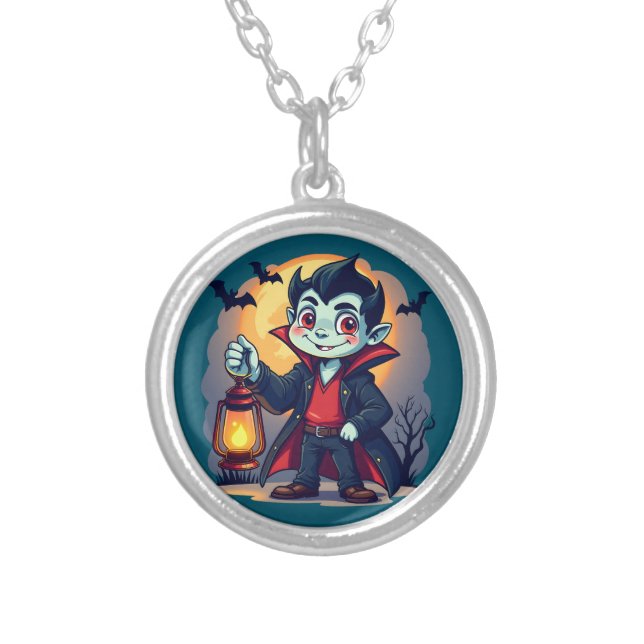 Cute Vampire with Lantern Kawaii Halloween Silver Plated Necklace (Front)
