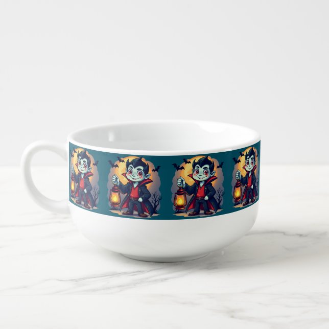 Cute Vampire with Lantern Kawaii Halloween Soup Mug (Right)