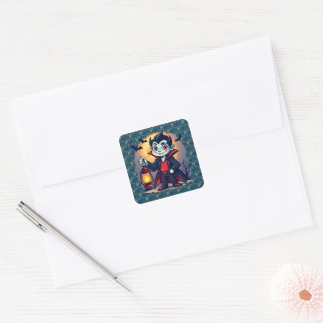 Cute Vampire with Lantern Kawaii Halloween Square Sticker (Envelope)