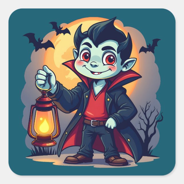 Cute Vampire with Lantern Kawaii Halloween Square Sticker (Front)