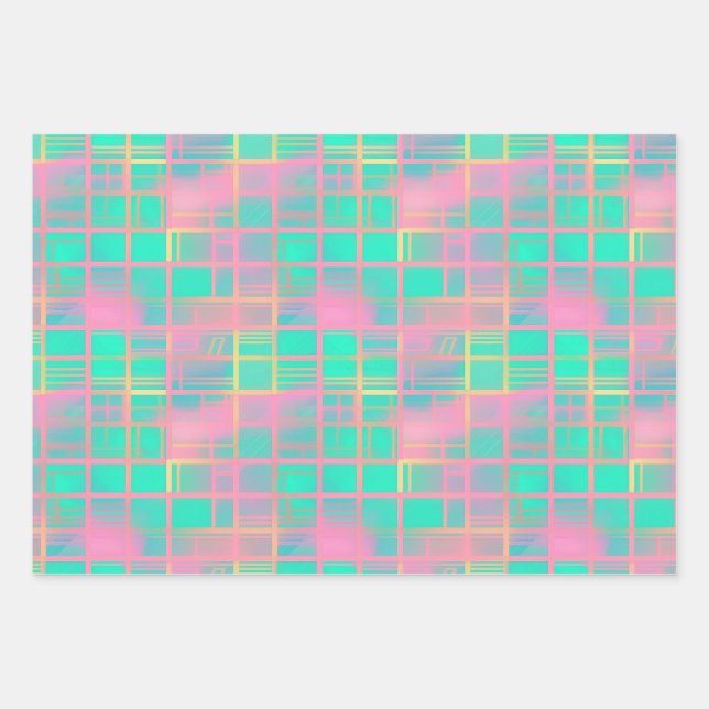 Cute Vaporwave Poolcore Pink Cyan Grid Pattern Wrapping Paper Sheets (Front)
