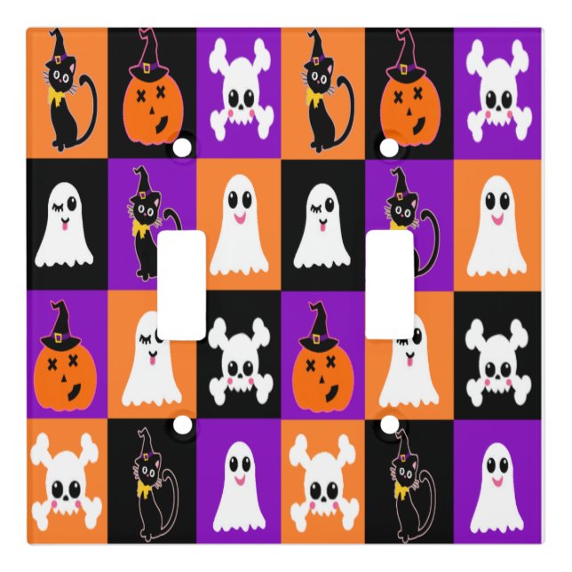 Cute Vector Halloween Ghosts Pumpkins Cats Skulls  Light Switch Cover (Front)