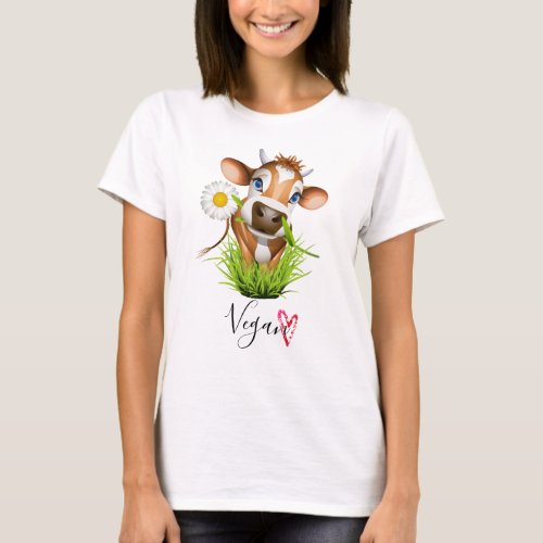 Cute Vegan Cow Farm Animal Flower Heart T_Shirt