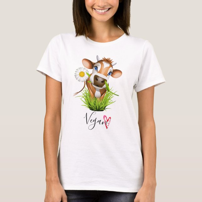 Cute Vegan Cow Farm Animal Flower Heart T-Shirt (Front)