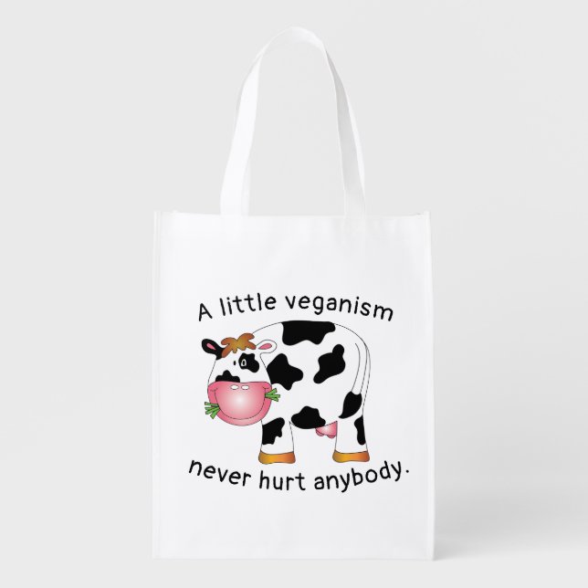 Cute vegan cow-themed tote bag. (Front)