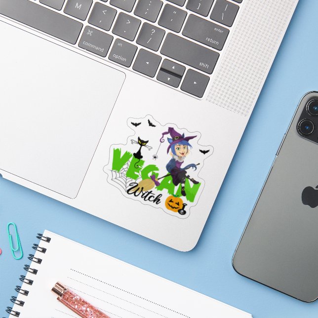 Cute Vegan Witch Halloween Sticker (Laptop w/ iPhone)