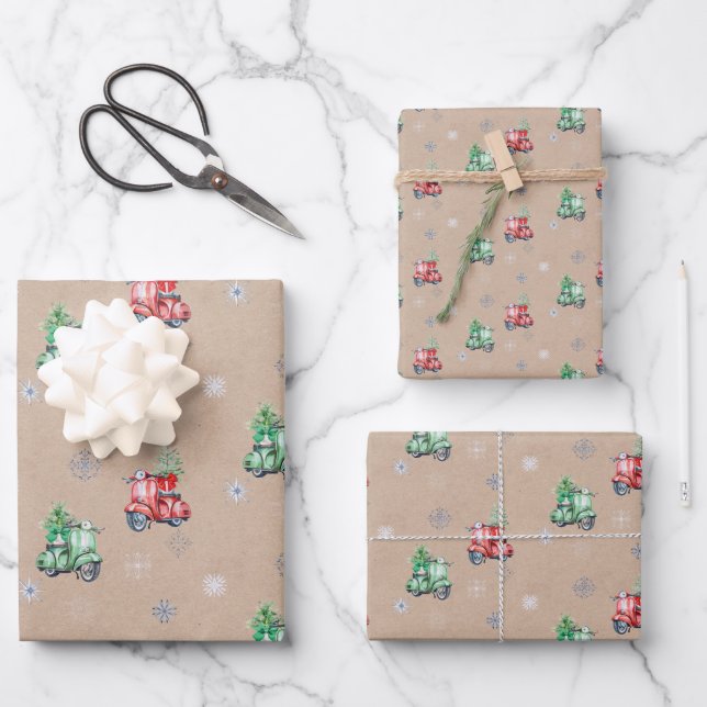 Cute Vespa Christmas Tree On Kraft Wrapping Paper Sheets (Front)