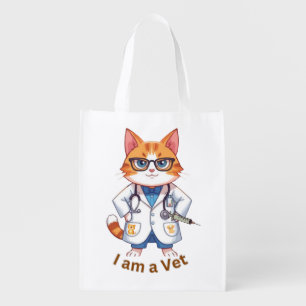 Cute Vet Cat "I Am a Vet" Design Grocery Bag