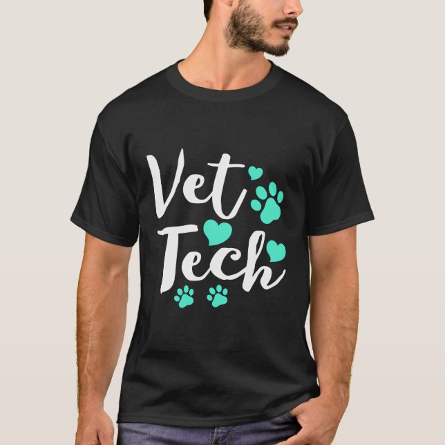 Cute Vet Tech Turquoise Hearts Paw Print Veterinar T-Shirt (Front)