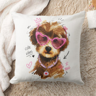 Cute Vibes Poodle Puppy with Heart Sunglasses Throw Pillow