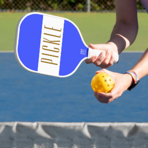 Cute Vibrant Bright Blue White PICKLE Stripes Text Carbon Fiber Pickleball Paddle