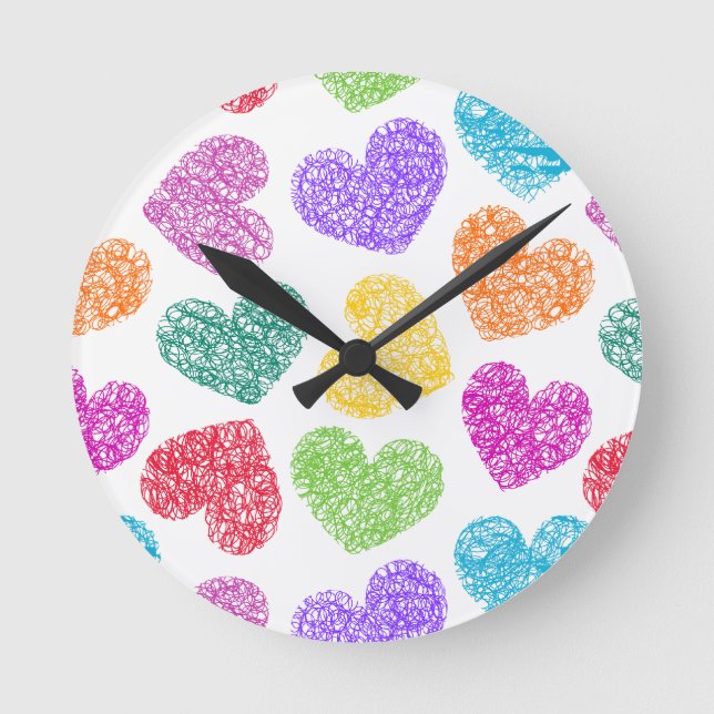Cute Vibrant Doodled Heart Valentine's Day Pattern Round Clock (Front)