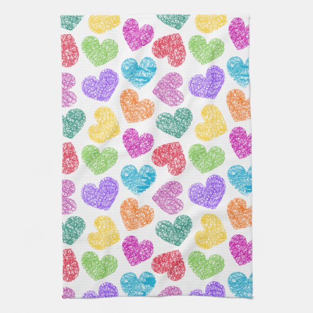 Cute Vibrant Doodled Heart Valentine's Day Pattern Towel (Vertical)