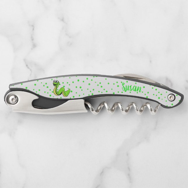 Cute Vibrant Green Smiling Snake Polka Dots Waiter's Corkscrew (Front)