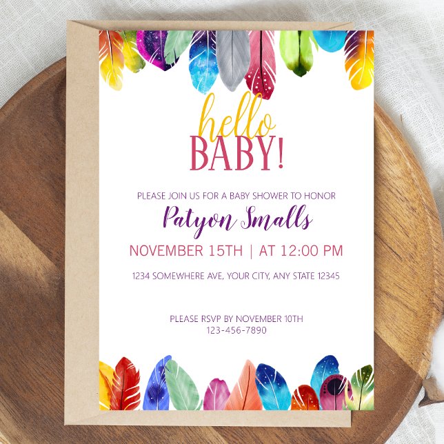 Cute Vibrant Hello Baby! Feathers Baby Shower Invitation (Creator Uploaded)