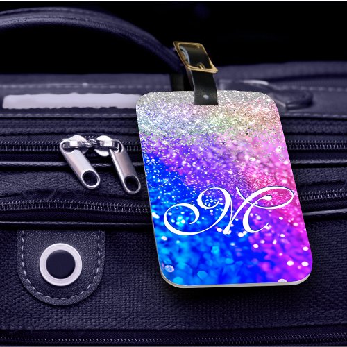 Cute vibrant holographic glitter monogram luggage tag