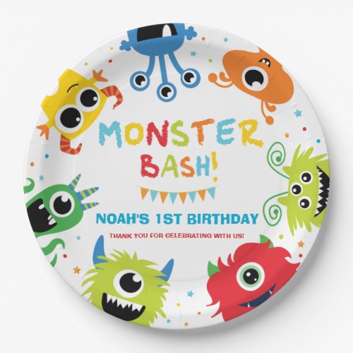 Cute Vibrant Little Monsters 1st Birthday Party Paper Plates