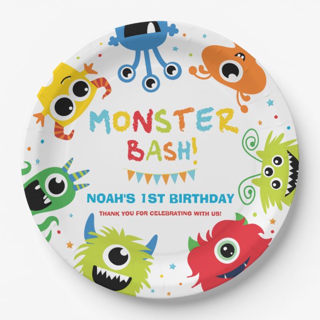 Cute Vibrant Little Monsters 1st Birthday Party Paper Plates (Front)