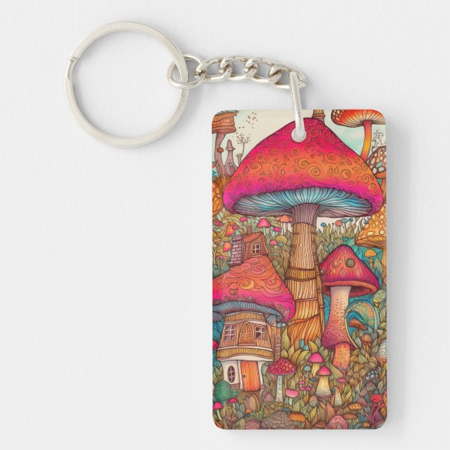 Cute Vibrant Mushroom Hut Illustration Keychain (Front)