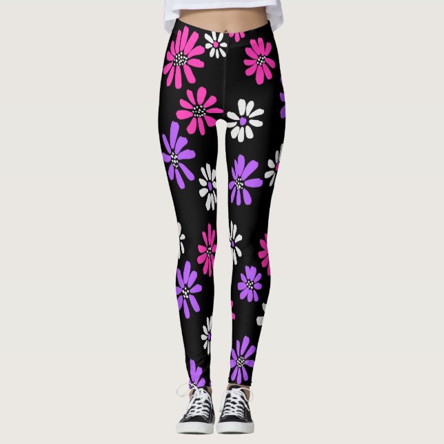 Cute Vibrant Pink And Purple Flowers  Leggings (Front)