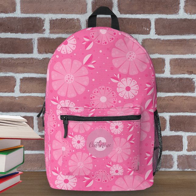Cute Vibrant Pink Folk Art Floral Pattern Printed Backpack (Creator Uploaded)